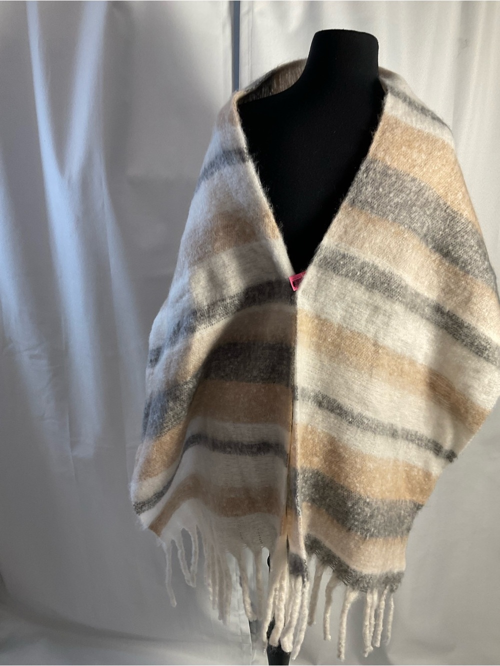Striped Cream, Tan & Gray Fringe Sweater Wrap